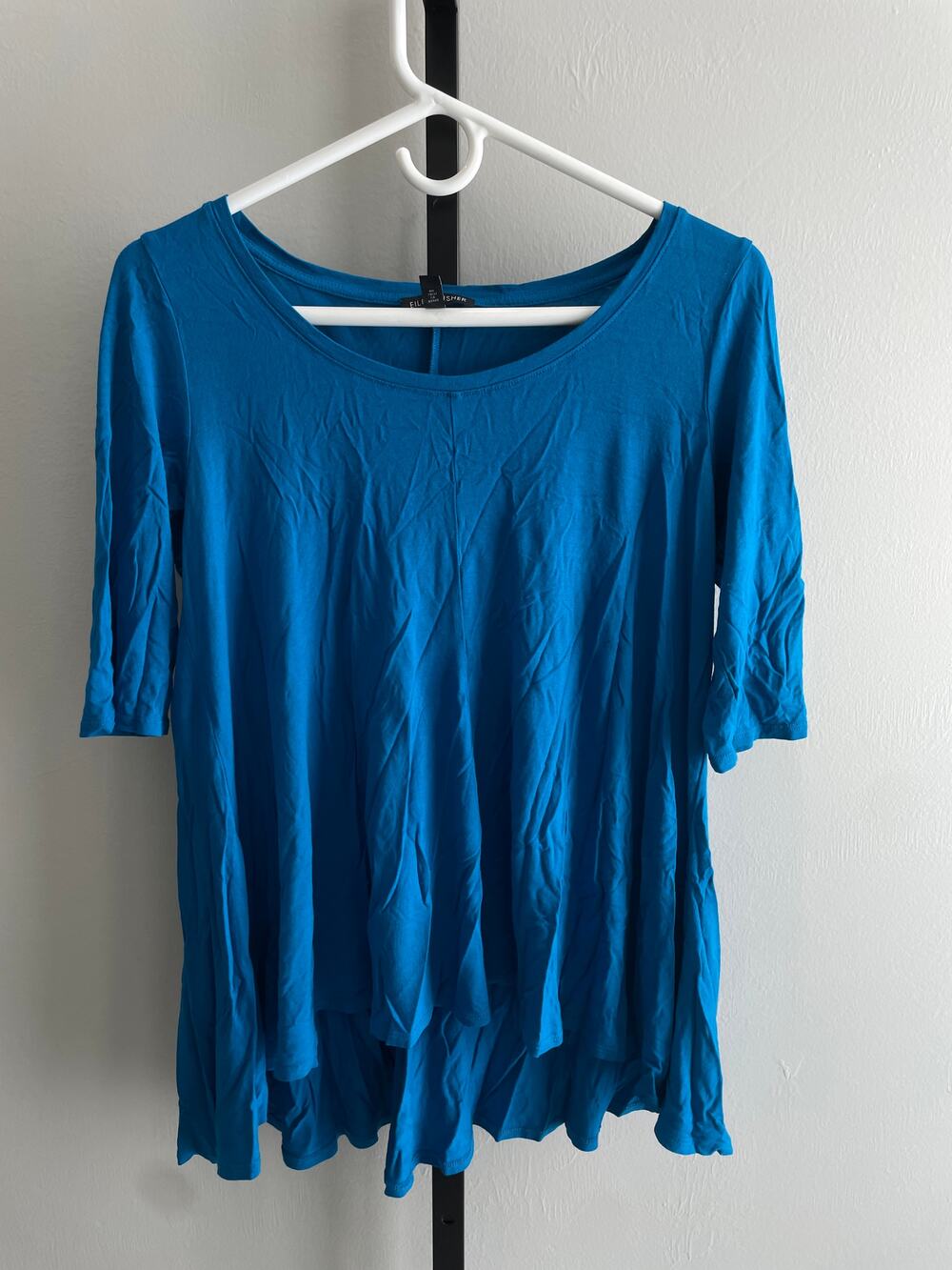 Eileen Fisher Swing Top Women S Blue Viscose Jersey Knit High Low Elbow Sleeve